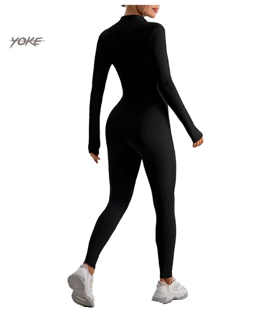 Yoke Long Sleeve Zip Bodysuits Light Jumpsuit With Tummy Control Rompers Yoga Shorts for Winter Workout Jumpsuits for Women