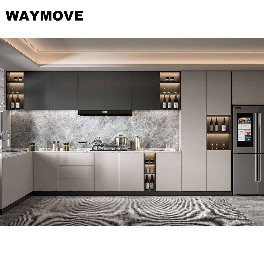WAYMOVE современные ПВХ кухонные шкафы с лаком акриловая обработка поверхности дверной панели шарнирный кран раковина двери кухонного шкафа