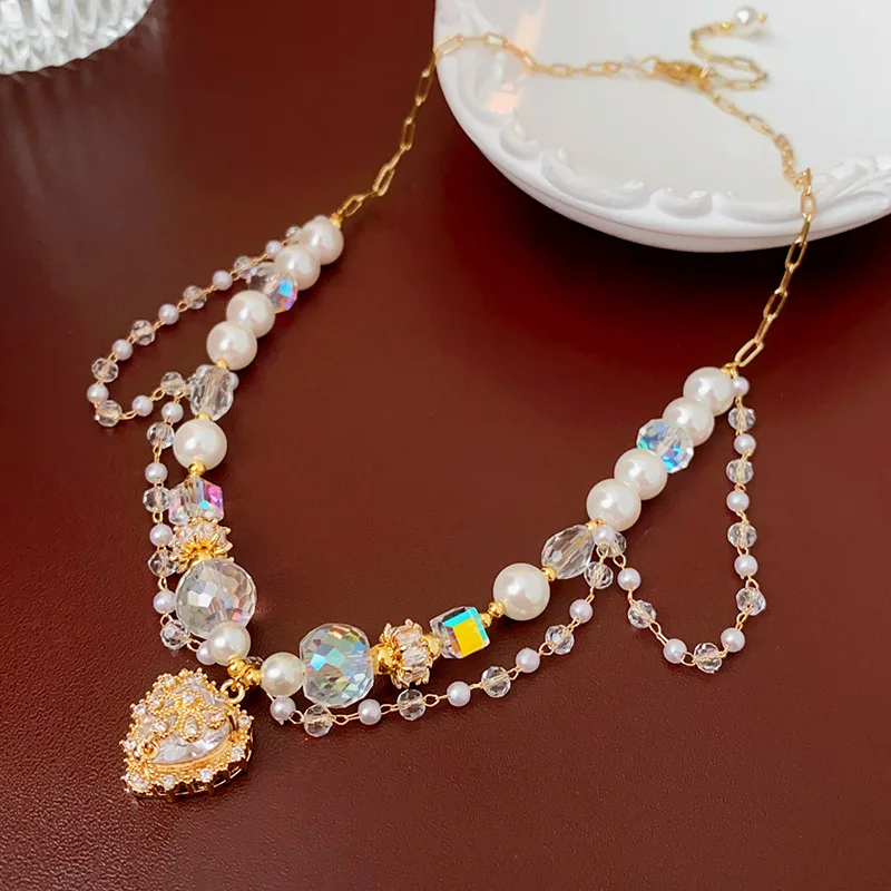 Diamond Heart Pearl Necklace Handmade Crystal Rhinestone Pearl Necklace Gold Plated Love Heart Zircon Water Drop Necklace