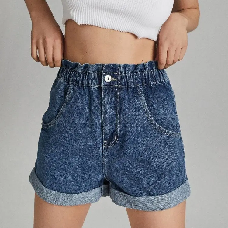 Summer New Style Elastic Waist Roll Up Hem Denim Paper Bag Shorts For Women