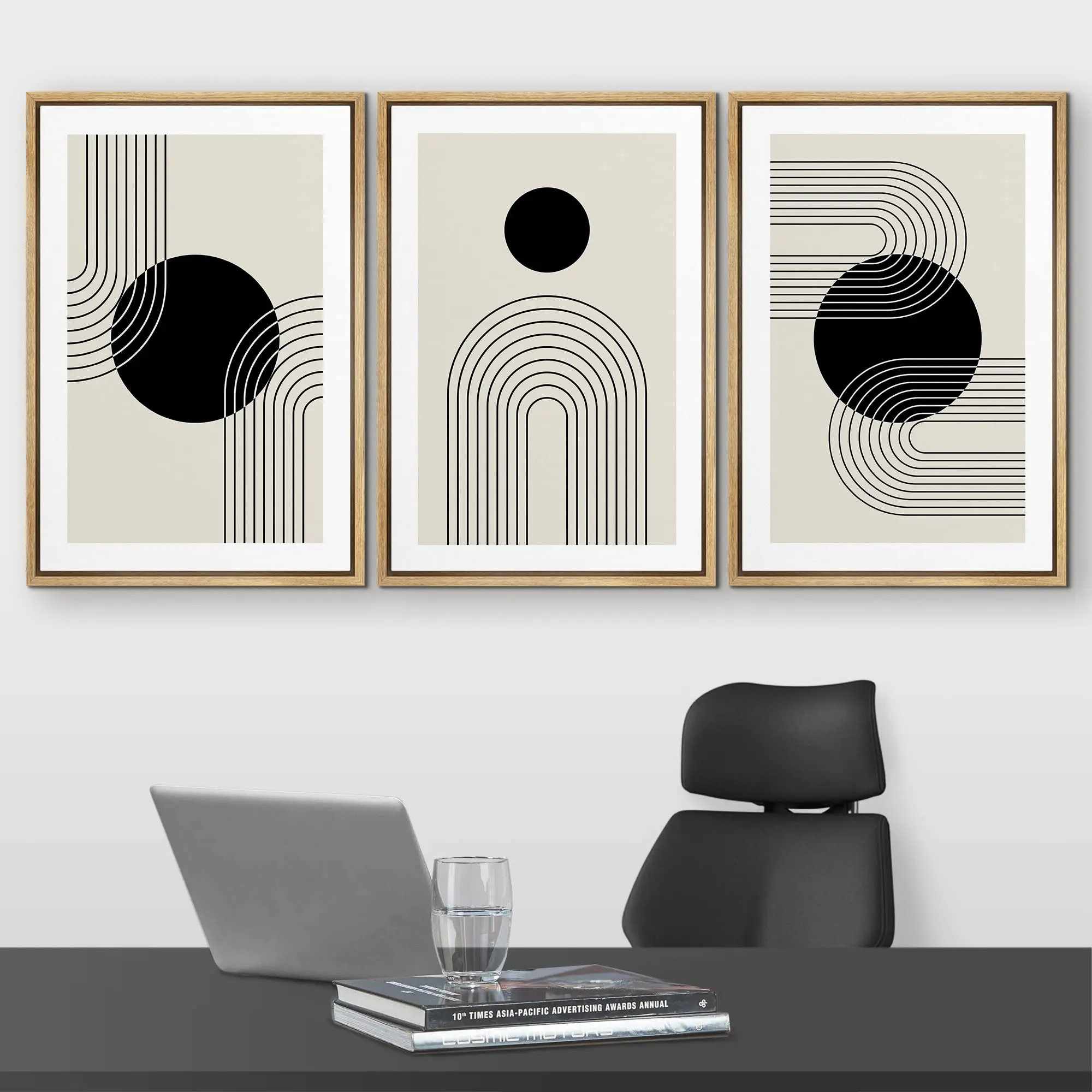 Framed Wall Art Print Set Black Dots with Swirling Line Abstract Patterns Digital Art Modern Art Bohemian Wall Painting