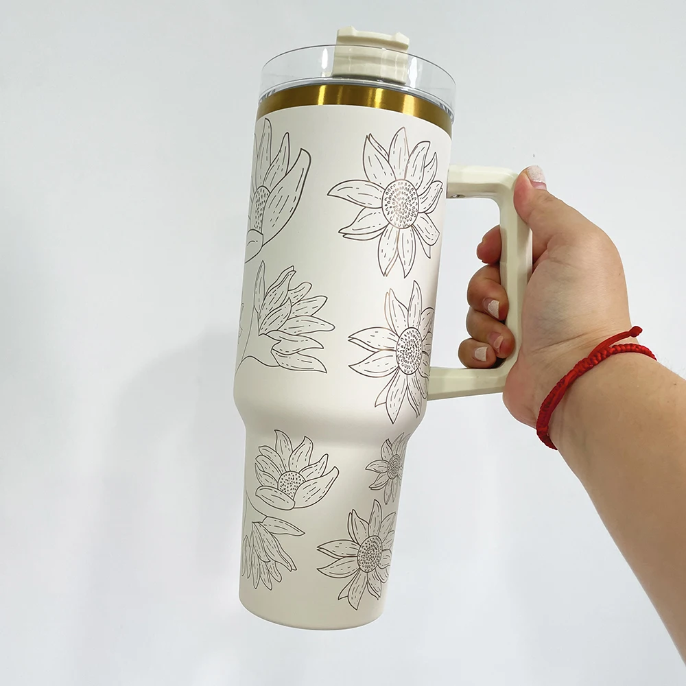 Laser Engraved powder coated stainless steel 40oz cream copper tumbler with handle for Sunflower Laser Engrave