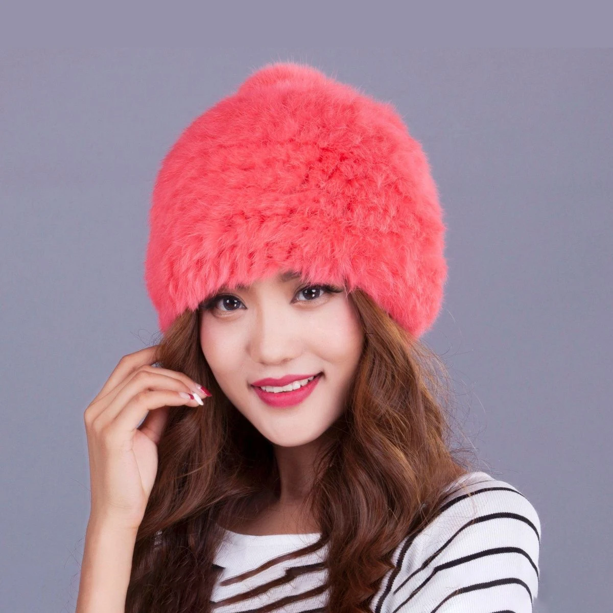 Real Rabbit Fur Hat Female Thick Warm Winter Hats For Women Fashion Luxury Knitted Beanie With Fur Pompom