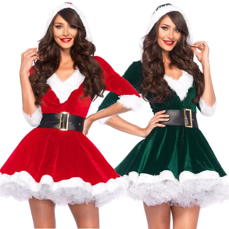 Adult Funny Party Girl Dress V-neck Tutu Red Green Dress For Woman Christmas Cosplay Costumes