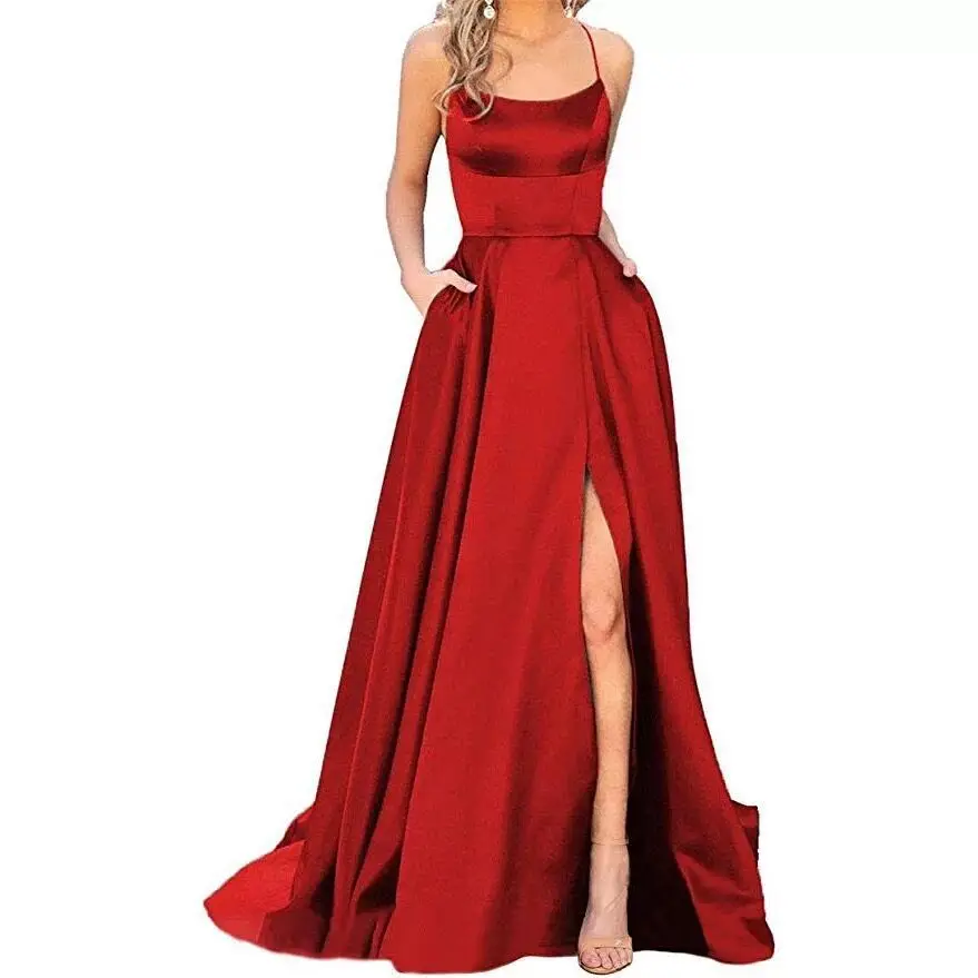 Eye-Catching 2024 New Colorful Long Lady Simple Casual Split Dinner Cocktail Evening Party Dress Women Satin Prom Evening Dress