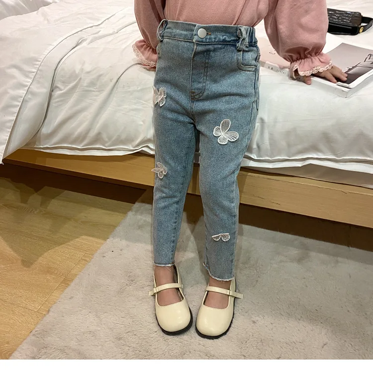 W1538YQ1600 new arrival baby girls jeans straight pant infant kids denim pants children clothing sets boutiques butterfly