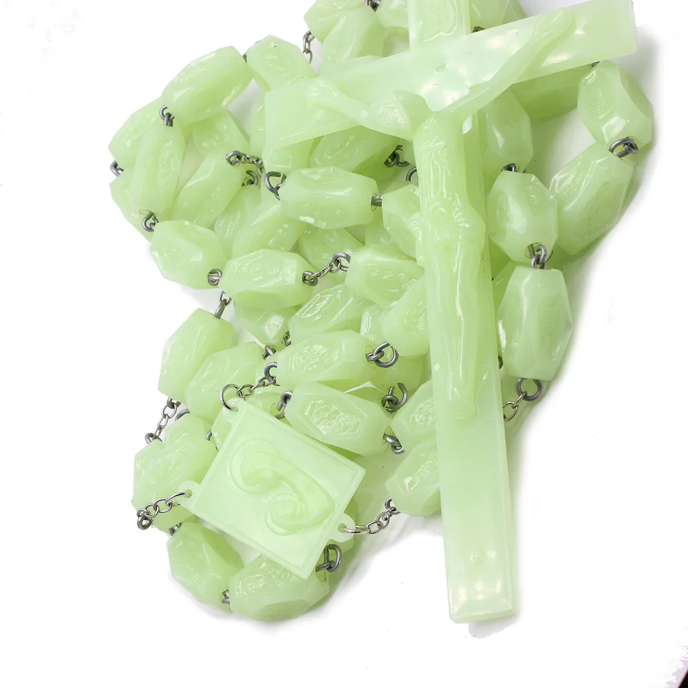 Religious Jewelry Cross Bead Luminous Plastic Glowing In Dark Prayer Rose Beads Christianity Wall Rosary Christ Necklace