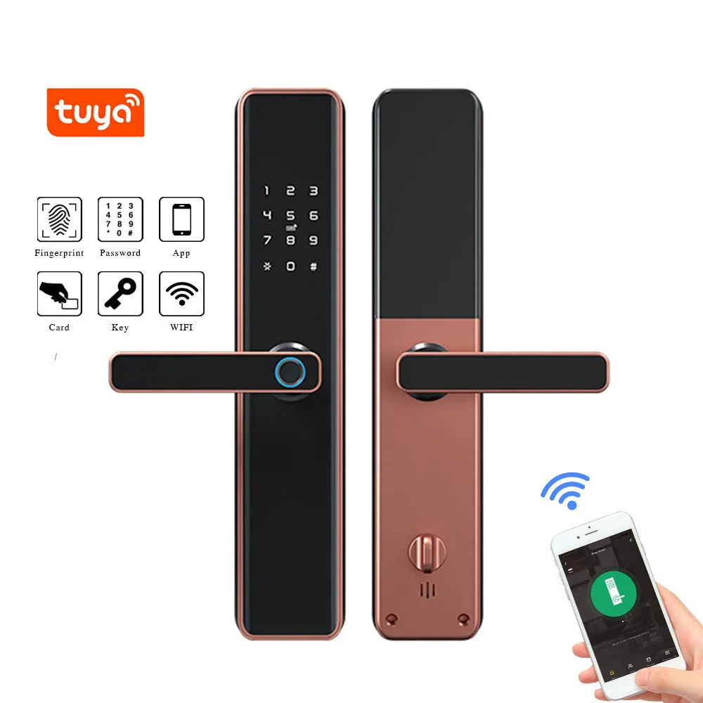 WIFI Remote Tuya APP Biometric Fingerprint Password Security Hotel Wooden Door Lock Smart