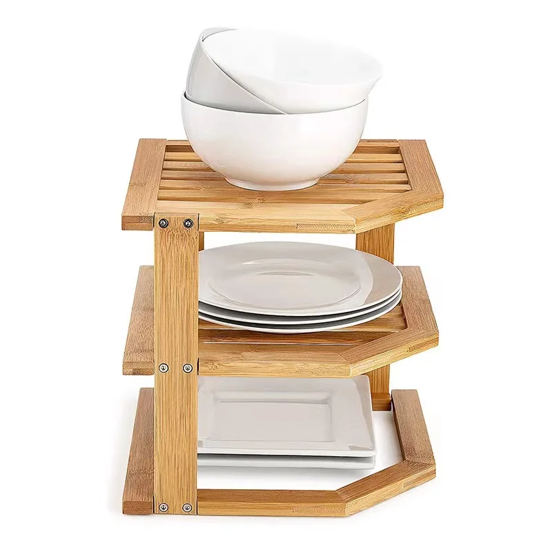 Diyue Custom Wholesale High Quality 3 Layer Corner Unit Plates Rack Bamboo Cupboard Organizer Shelf for Kitchen