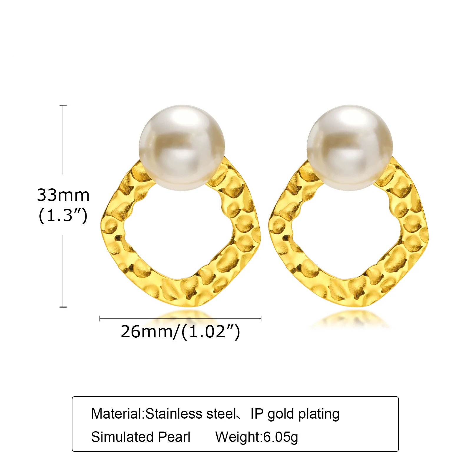 European Simple gold plated 18k gold plated stainless steel jewelry imitation pearl geometric embossed earrings