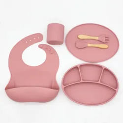 Eco choose custom logo baby tableware 6pcs/set box silicone bibs dinner suction plate water cup spoon fork set flatware