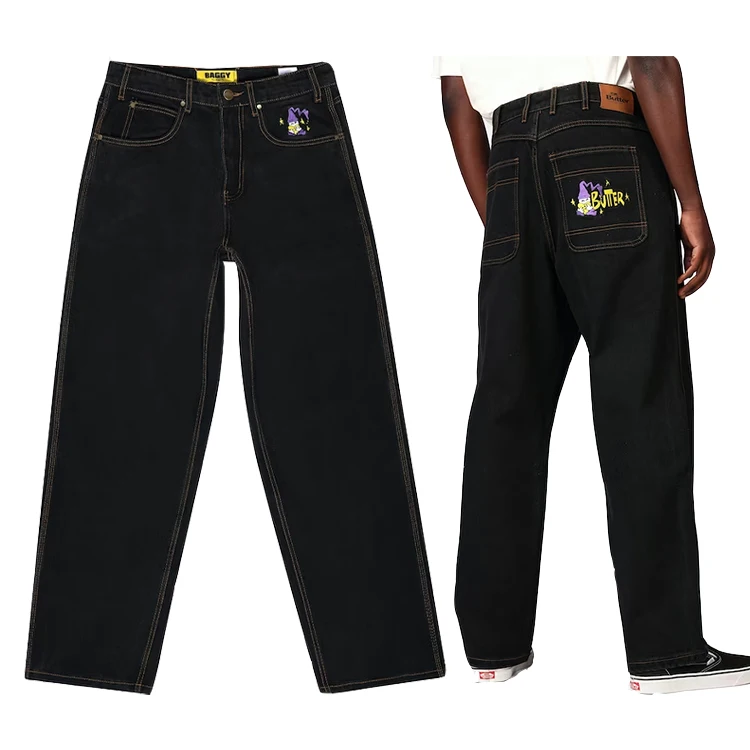 Wholesale Custom Logo Embroidered men jeans High Quality Loose Fit jeans men black Street Hip Hop Skating jeans trousers for men