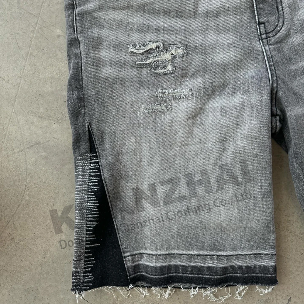 Custom manufacturer streetwear y2k crystal rhinestone baggy distressed man denim jorts embroidery patch flare jeans shorts men