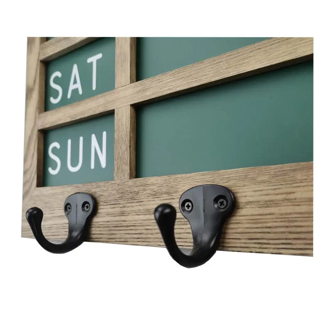 Wall Mounted Rustic Brown Wood Framed Weekly Menu Chalkboard Sign With  5 key Holder Hooks