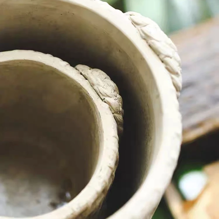 Household concrete woven storage basket green plants pots small black cement flowerpot round decorative garden plant flower pot