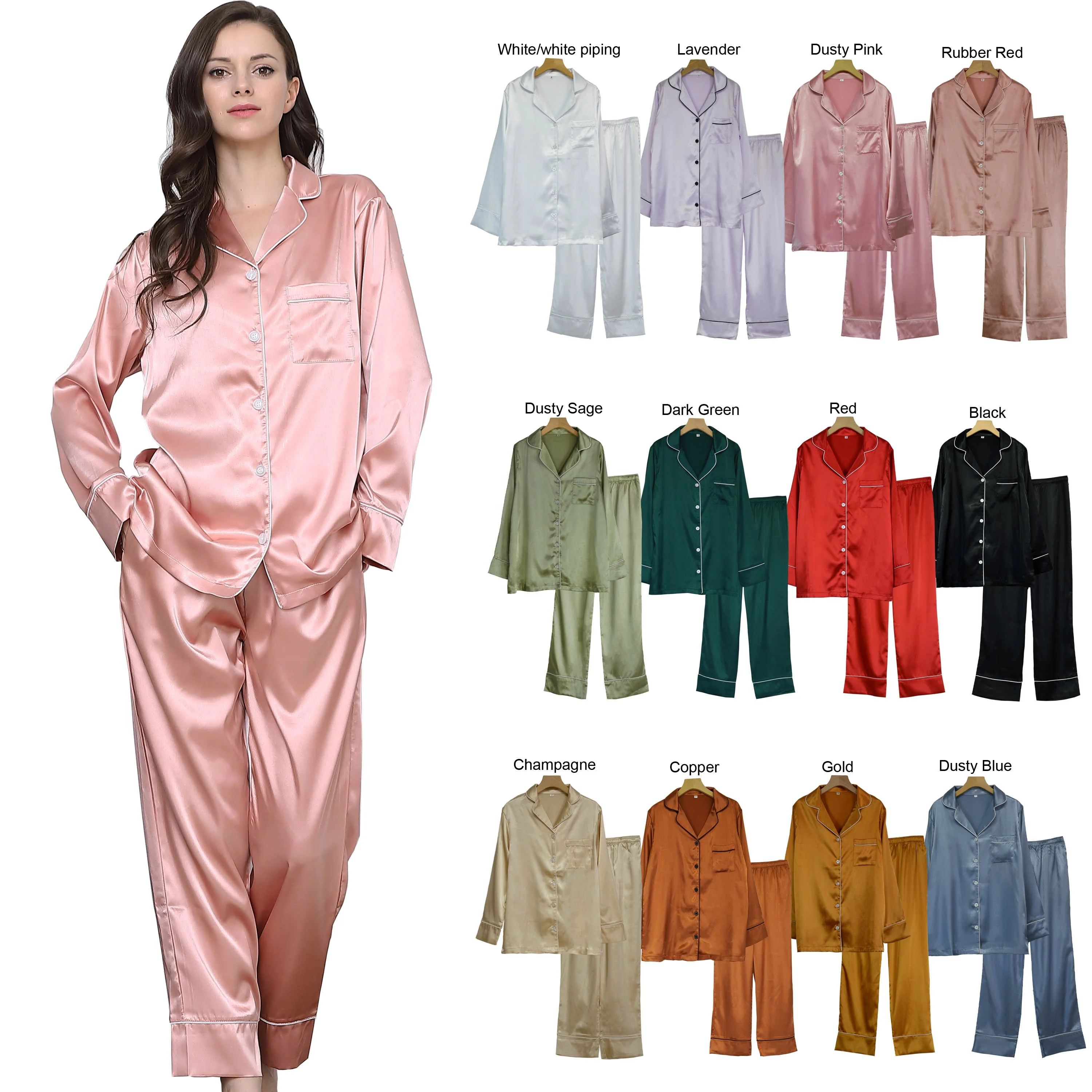 High quality and 135 colors satin silk pyjamas and women pajamas