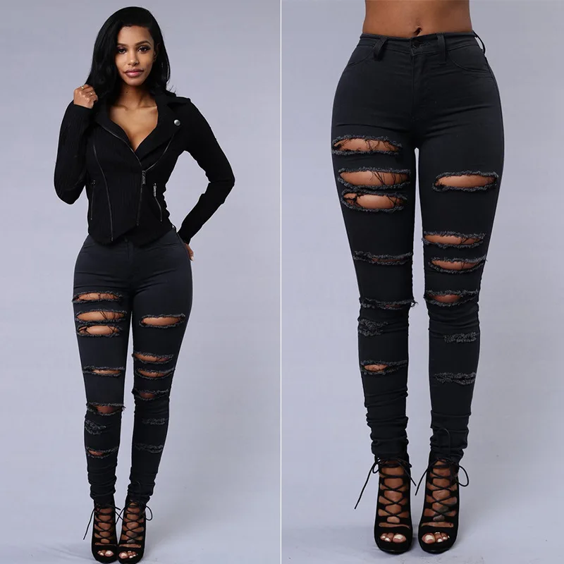 Oem Ladies Skinny Denim Jeans Stretchy Ripped High Waist Pencil Slim Fit Custom Women Black trousers
