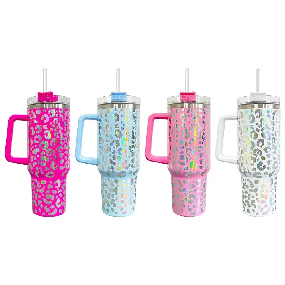 Оптовая продажа лазерная гравировка голографическая бутылка для воды с леопардовым принтом стакан 40 унций ручкой