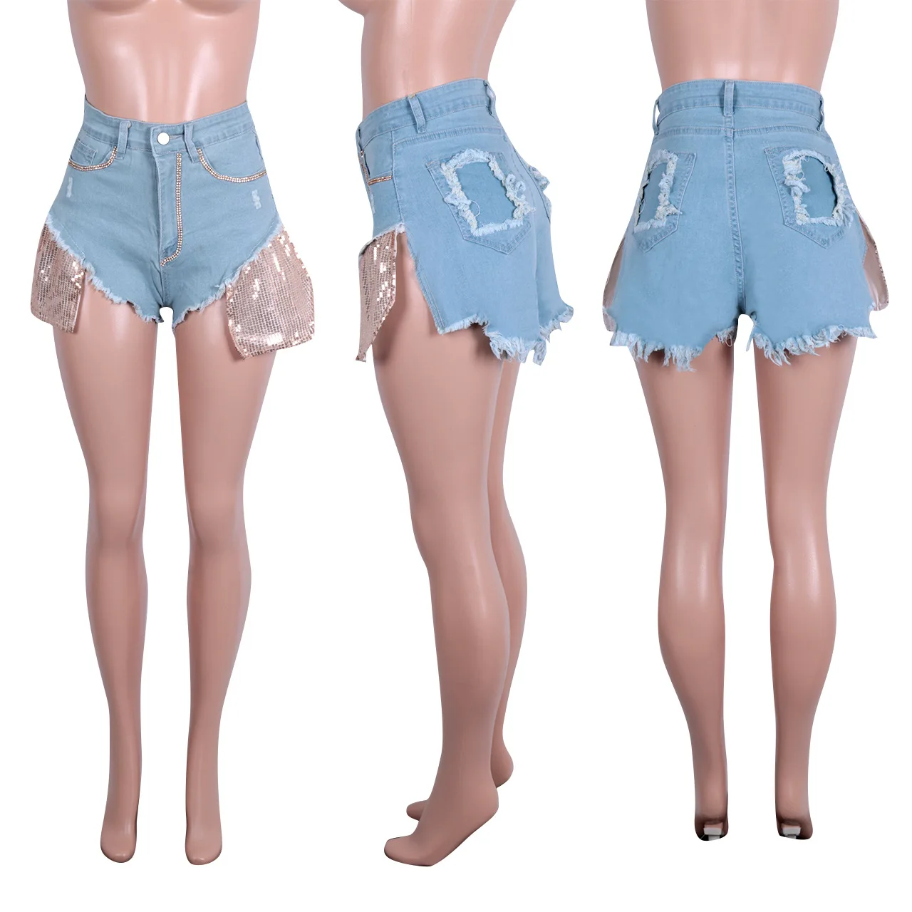 KG0120 Fashion Casual Sequined Pocket Rhine Skinny Jean Stone Washed Ripped Women Denim Jeans Shorts 2022