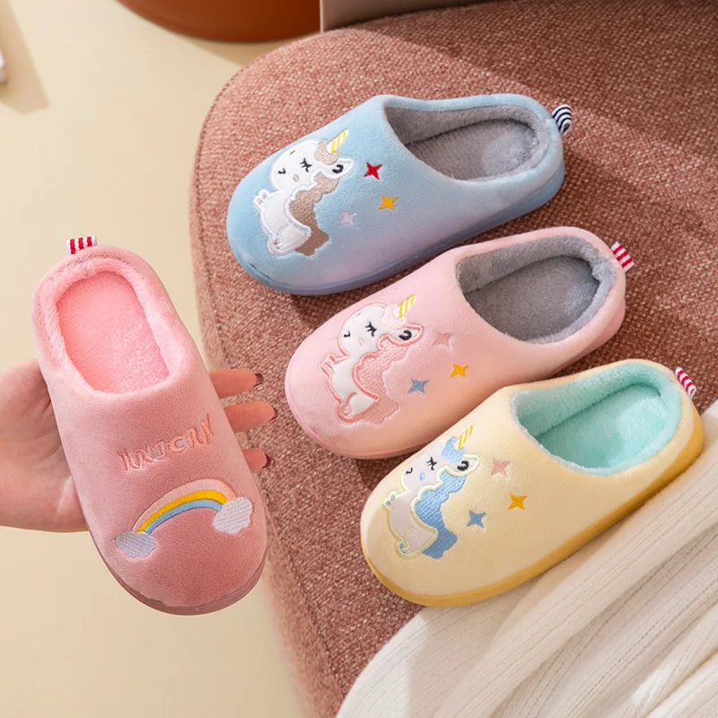 Factory Cartoon Boys Girls Indoor Outdoor Lucky Unicorn Pattern Non-slip Plush Fur Animal Winter Warm Kids Slippers