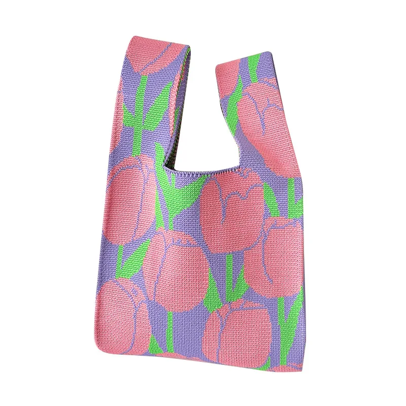 Japanese Knot Wristlet Bag Mini Floral Knitting Crochet Tote Bag Knitted Handbag for Women
