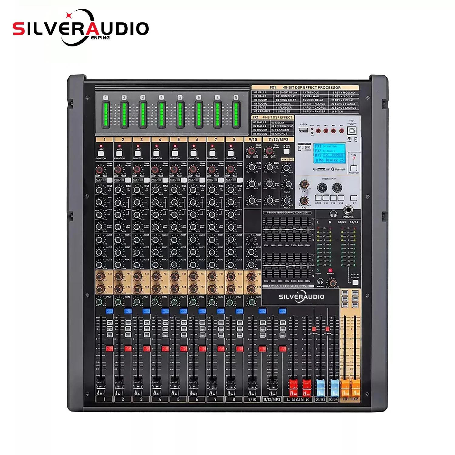 GAX-TFB12 Новый TFB серии смеситель 8-канальный сцены DJ микшер с звуковая карта четыре группы rgb выход с разъемом подачи внешнего сигнала AUX смеситель