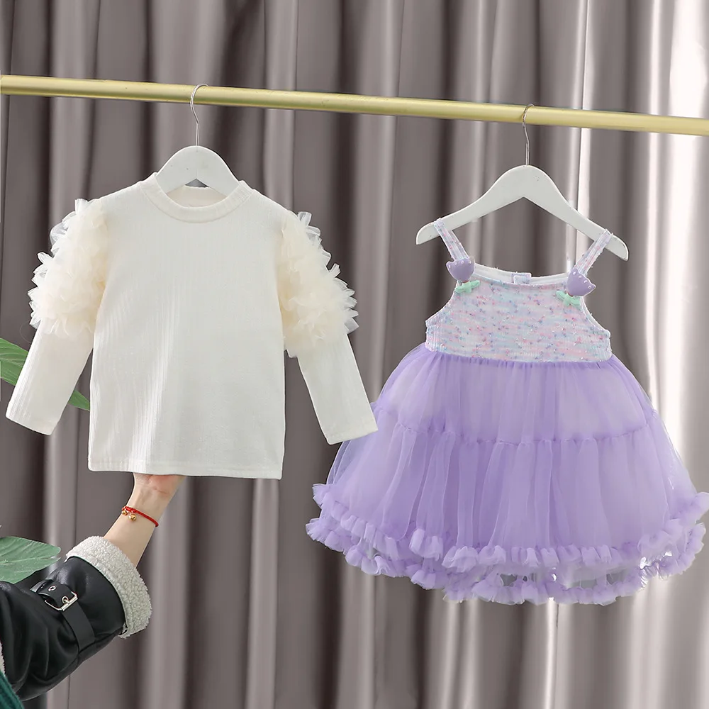 2024 New Autumn Baby Girl Long Sleeve Dress Cute Princess Dress Children Lace Mesh Dress