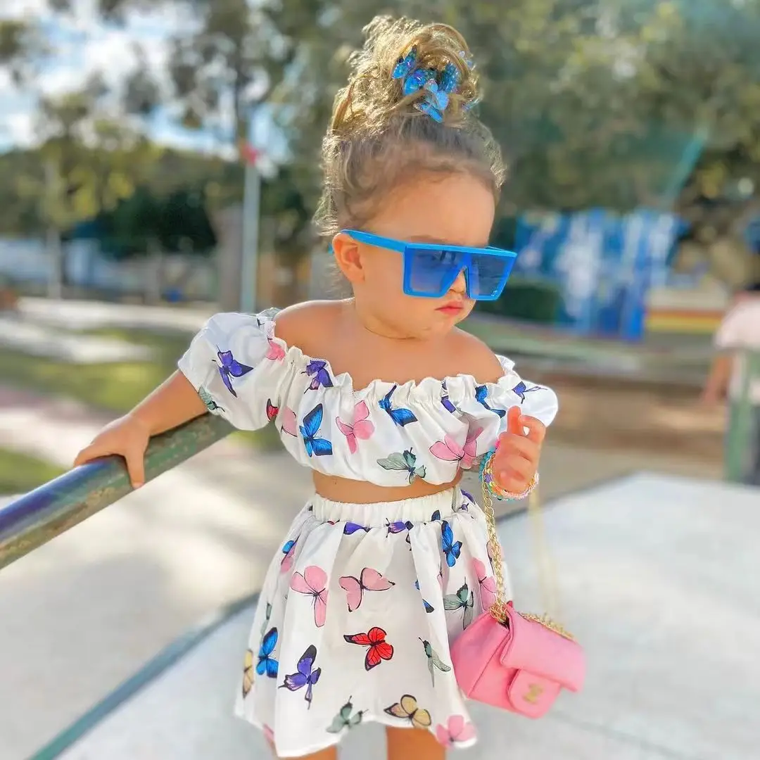 Girls Clothing Summer Off Shoulder Two Pieces Baby Clothing Sets Off Shoulder Top Butterfly Print Skirt Girls Dresses