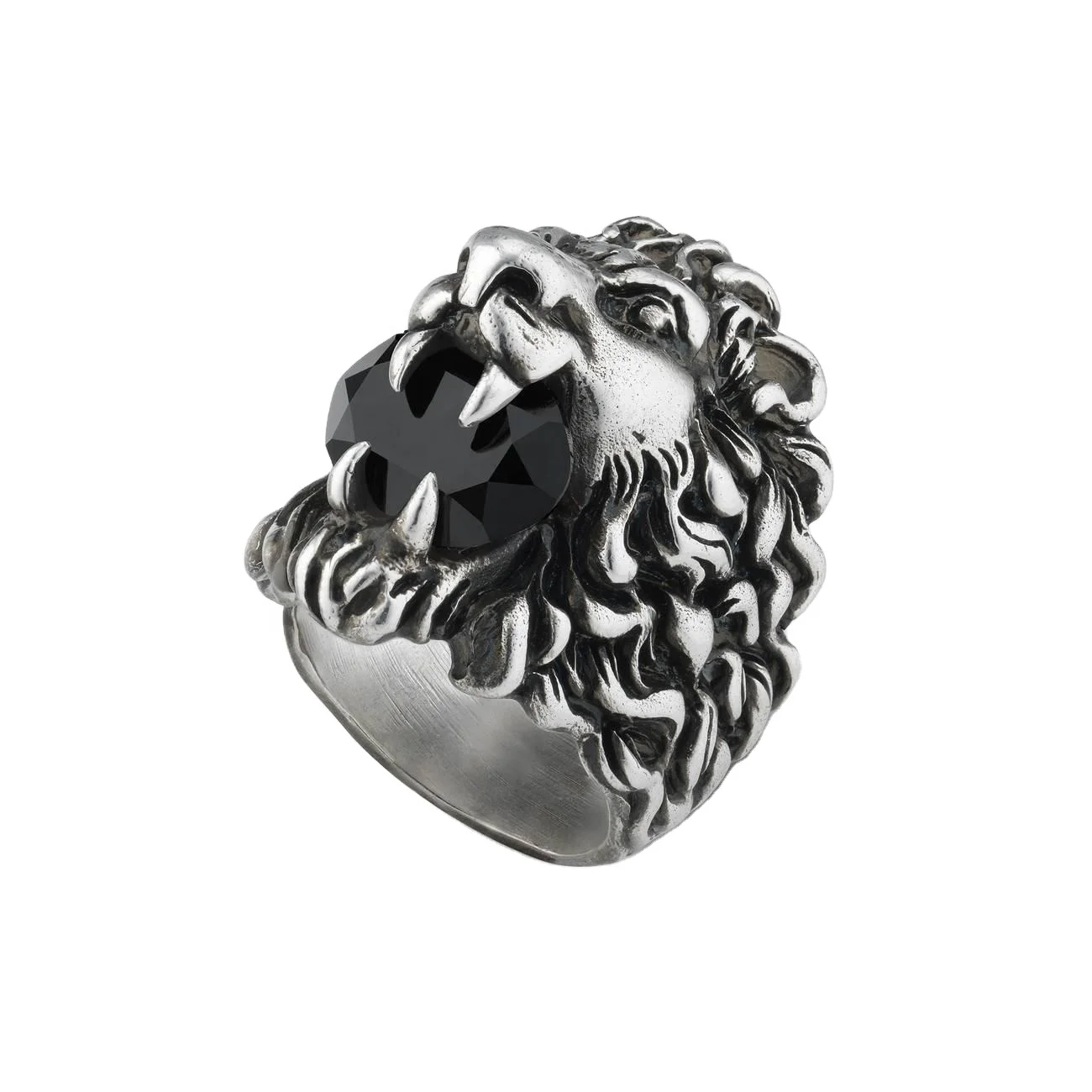 Designer engraved customized men jewelry onyx sterling silver oxidized 925 silver lion ring