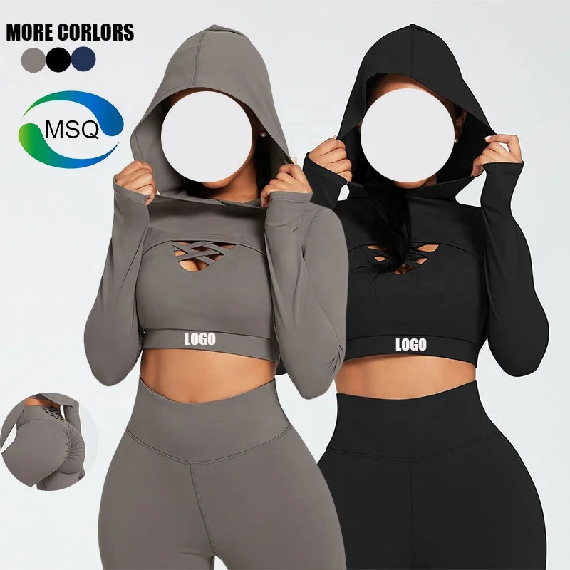Custom Logo Activewear Long Sleeve Crop Top Scrunch Leggings 3 Piece Sports Bra Training Wear Yoga Outfits Gym Fitness Sets