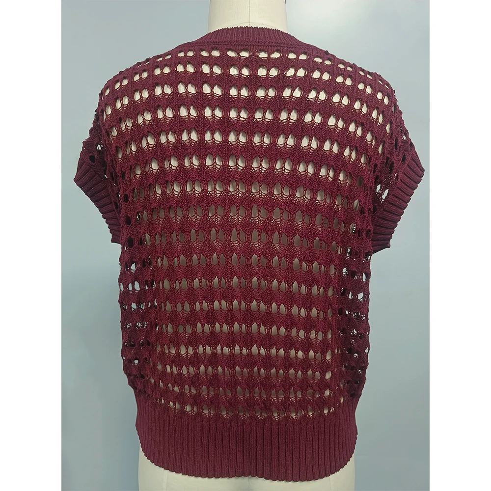 Knitwear Manufacturer Ladies Acrylic Nylon Short Sleeve Pullover Summer Mesh Short Sleeve Openwork Knit Women Top Sweater