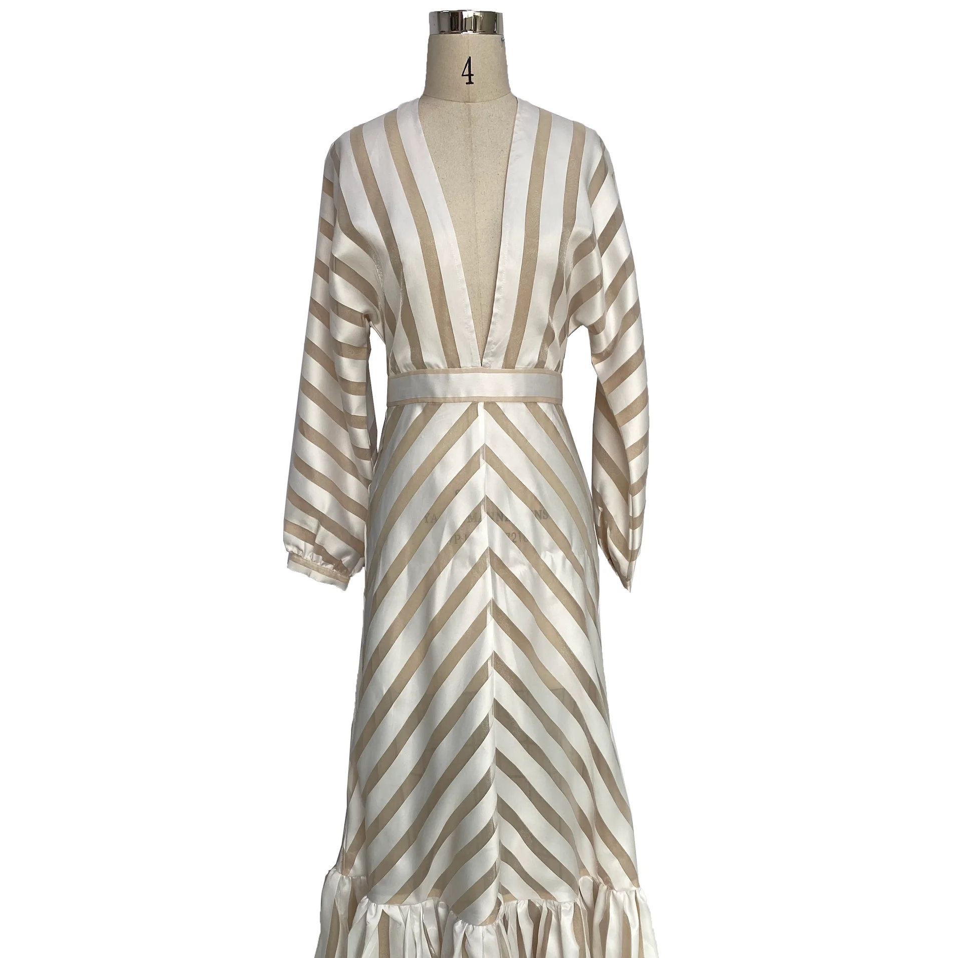 
Stripe deep V high belt belt long sleeve evening dress temperament good-looking fishtail dress 