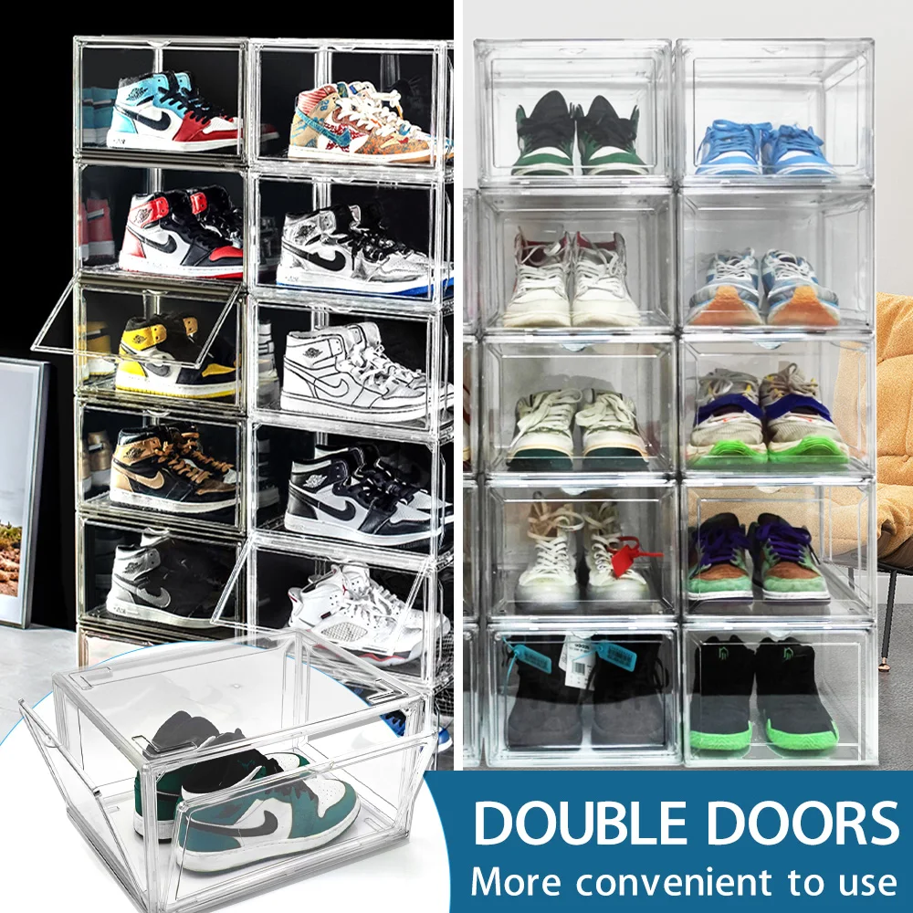USA Stock Drop Shipping Clear Plastic Shoes Box Figures Storage Bins Acrylic Containers Sneakers Boxes with Magnetic Door