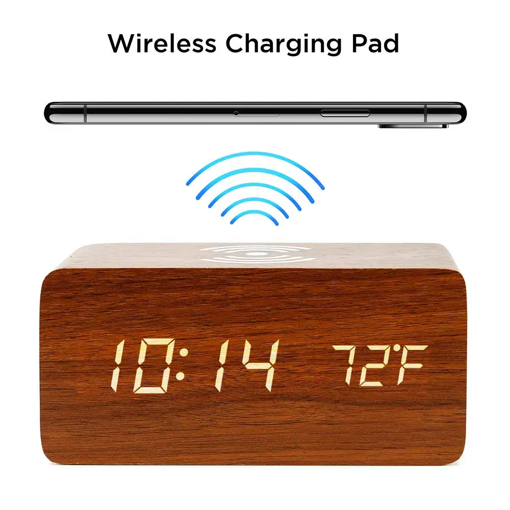 Factory Direct Led Alarm Clock Wifi  Wooden Digital Clock with Wireless Phone Charging