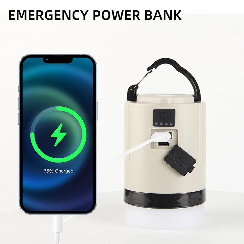 2024 Portable Rechargeable LED Camping Lamp White & Black Vintage Style with Hook Tent IP65 Certificate Outdoor Emergency Usage