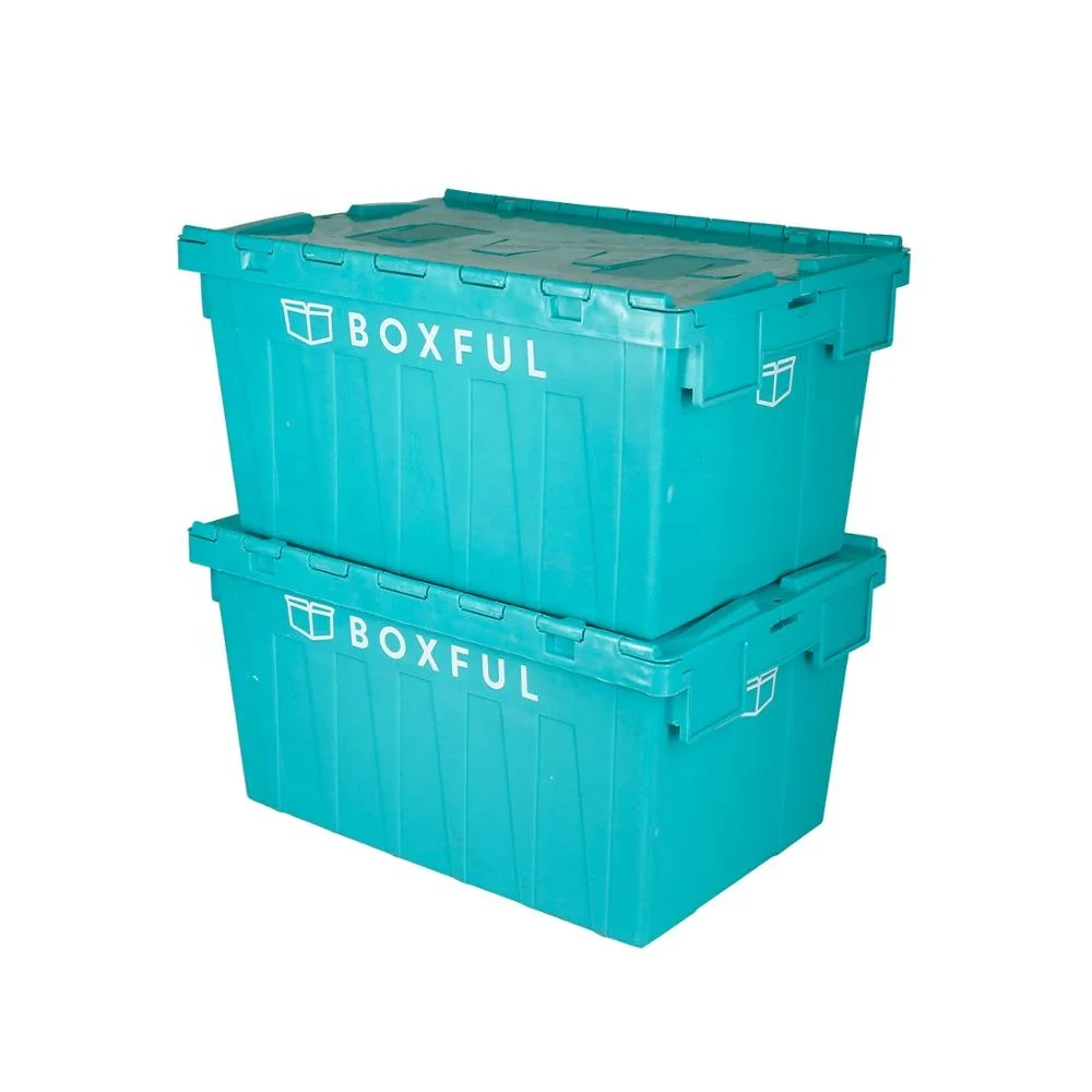 Plastic Attached Lid Container With Hinged Lid Plastic Moving Tote Boxes For Moving Company Nestable Moving Crate