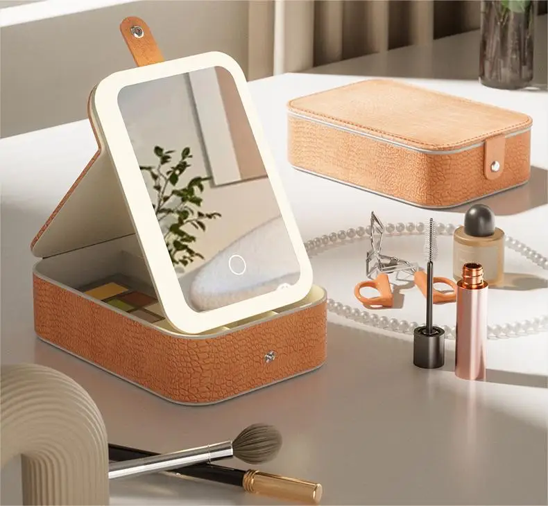 AEPS03 Make up storage Portable storage box with light LED fill light mirror desktop dressing storage box integrated snap mirror