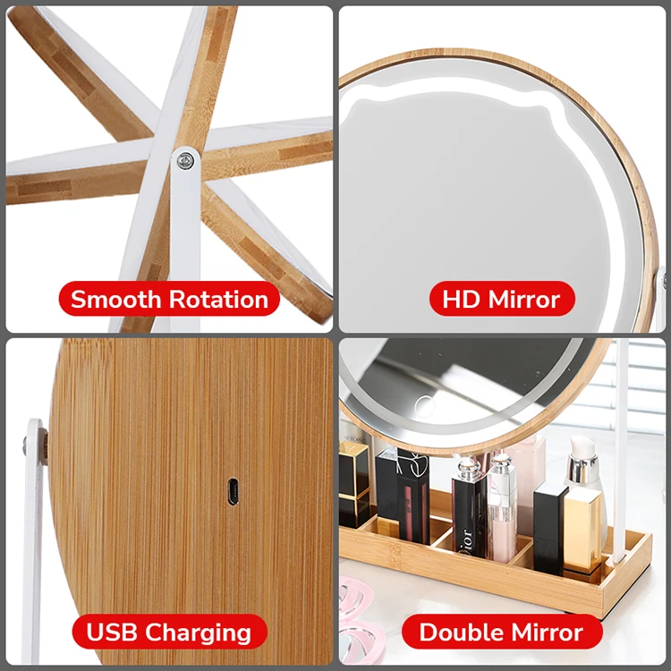 custom personality smart tabletop dressing mirror circle brown make up mirrors lighted with led light up stand bluetooth