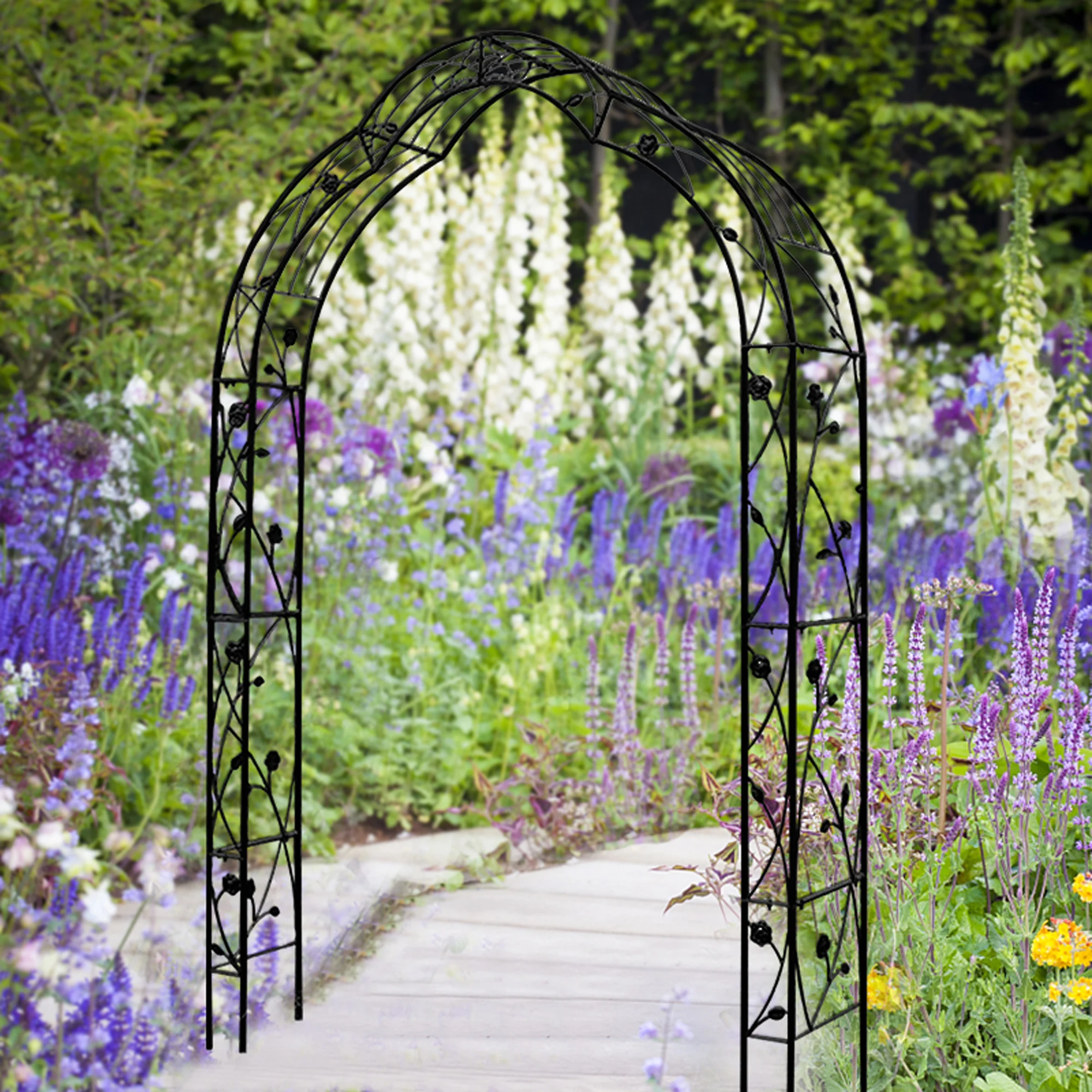 Black Metal Garden Arch for Climbing Plants Support Powder Coated Rose Arch with Easy Assembly for Backyard Application