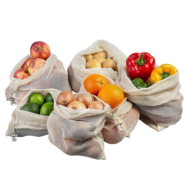 Hot Sale Eco Friendly Reusable 100% Organic Cotton Mesh Bag Shopping Grocery Mesh Net Bags For Vegetables and Fruits
