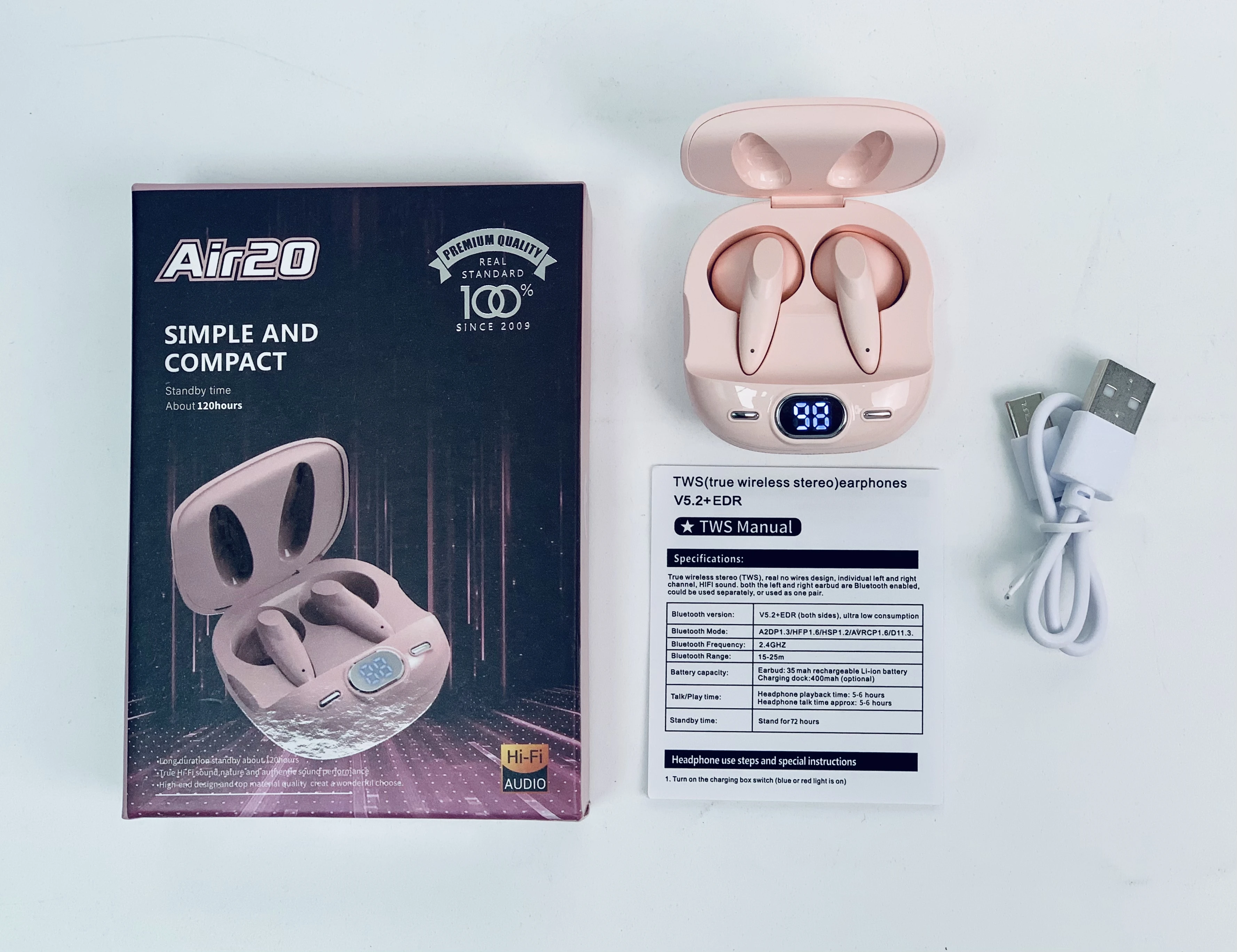 new arrival tws earphone AIR20 with battery display wireless bluetooth earbuds