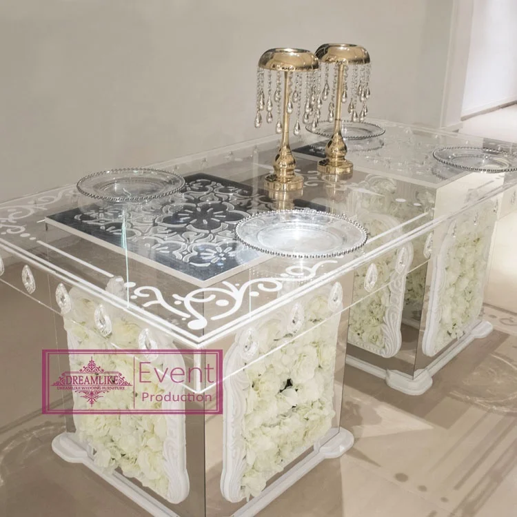 New design rectangle clear acrylic top silver acrylic wedding table with flowers