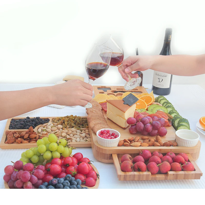 Натуральная бамбуковая разделочная доска с квадратным логотипом на заказ сырная деревенский Набор ножей для пикника электрическая открывалка бутылок вина комплект