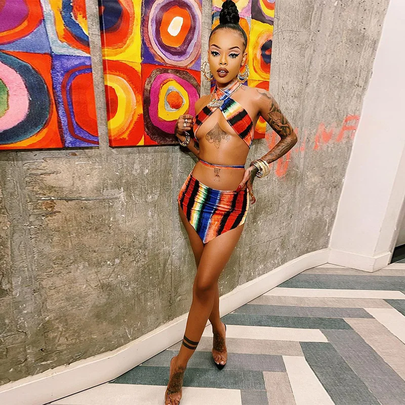 Vintage Print Two Piece Set Women 2021 Hot summer Halter Sexy Cleavage Crop Top+Super-short Skirt Mathing Suit Clothing