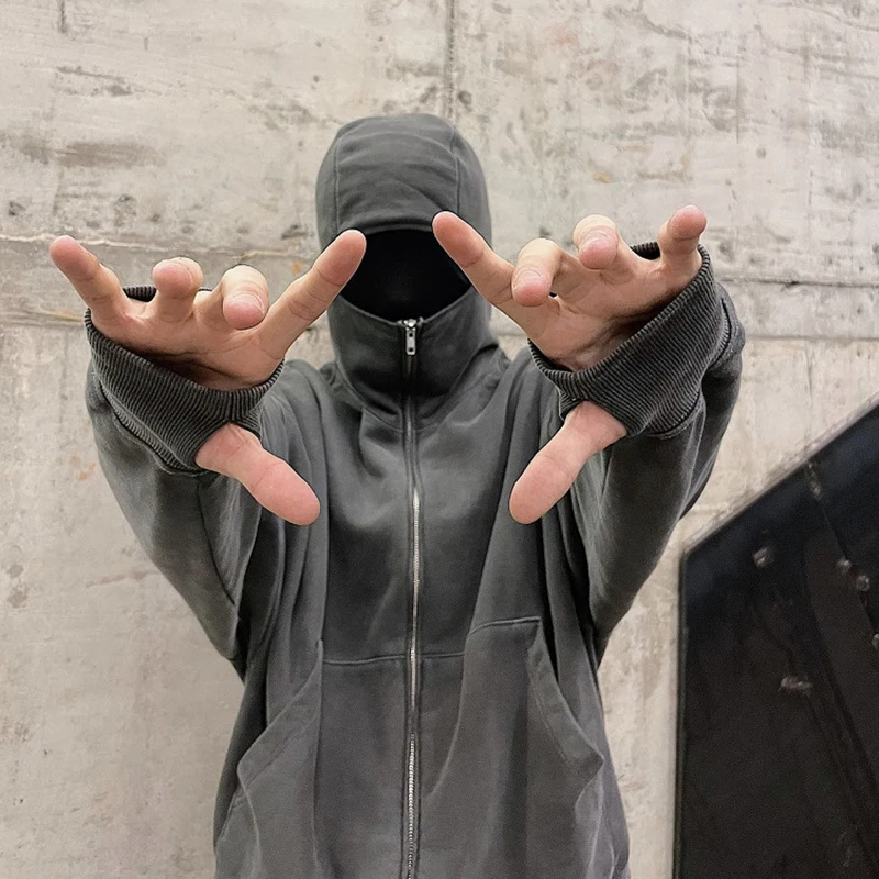custom Heavyweight vintage blank hooded sweater men Harajuku Punk acid wash full face zip up hoodie with eye holes
