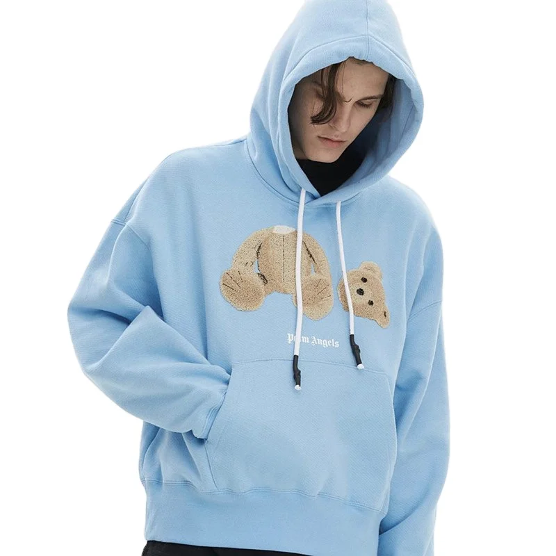 Custom Mens Towel Embroidery Hoodie Vendor Heavy Cotton Hoodie with Bear Chenille Embroidery Unisex Hip Hop Hoodies