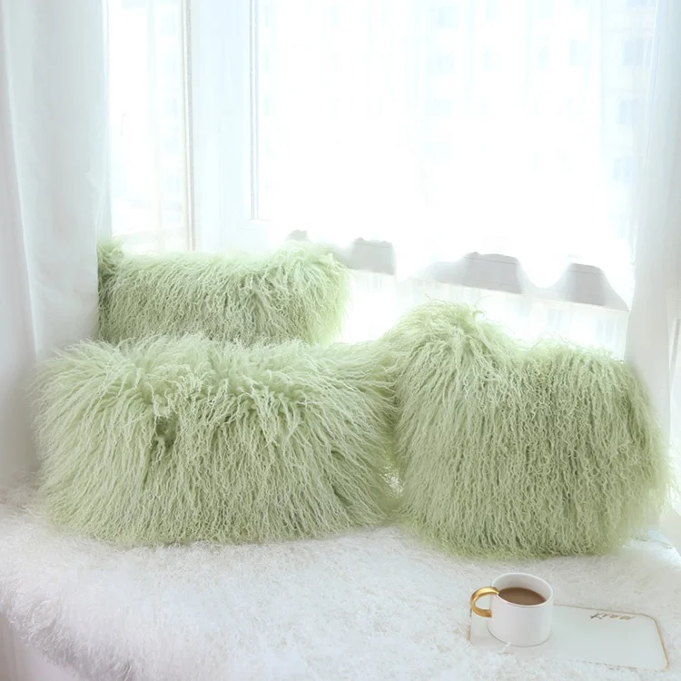 wholesale 100% Real Mongolian lamb fur cushions long soft curly hairs tibet lamb fur pillow