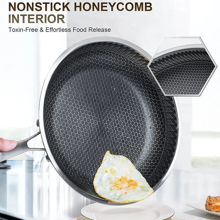 Top Fashion Quick Release Tri-ply Stainless Steel cooking Wok with lid honeycomb non-stick frying pan with induction cookware