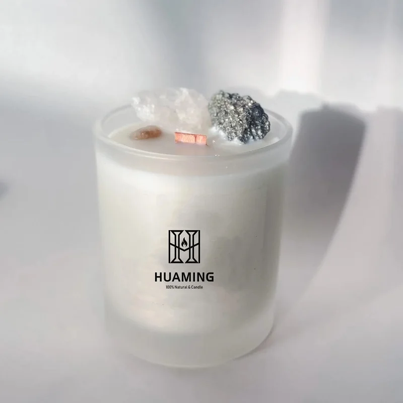Huaming Small Novelties Wood Wick Gemstone Aromatherapy Luxury Candles Custom Tea Rose Soy Wax Crystal Glass Scented Candle
