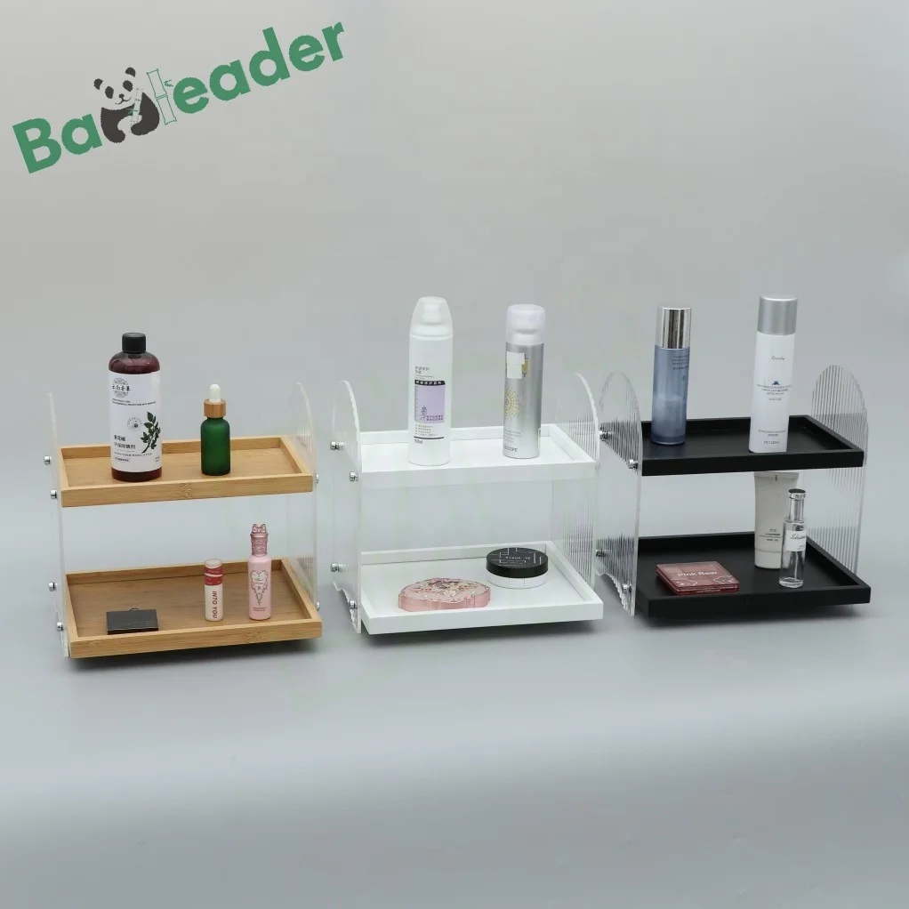Customized Bamboo Wood Cosmetics Display Rack 2-tier Desktop Acrylic Storage Shelves Versatile Bamboo Acrylic Makeup Organizer